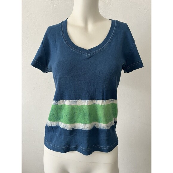 Ellemenno 90s Blue Stripe Acid Wash V neck Cotton Top Tee made in USA Large - Picture 1 of 7
